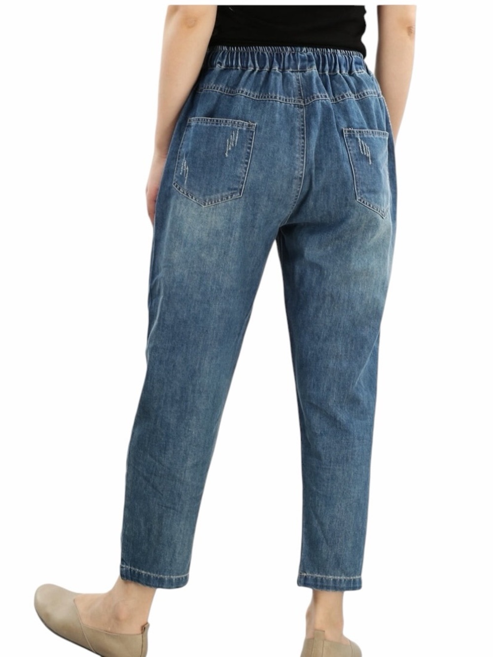 Aitailan Floral Embroidery Elastic Waist High Rise Boyfriend Crop Jeans‎ Large - Picture 3 of 10